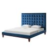furnNavy Blue Solid Wood King Tufted Upholstered Velvet Bed