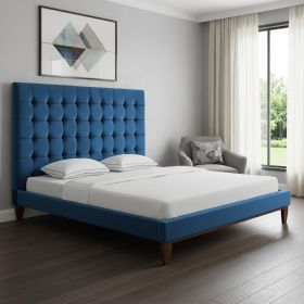 furnNavy Blue Solid Wood King Tufted Upholstered Velvet Bed