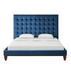 furnNavy Blue Solid Wood King Tufted Upholstered Velvet Bed
