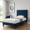 Navy Blue Solid Wood Twin Tufted Upholstered Velvet Bed