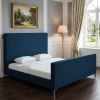 Denim Blue Solid Wood King Upholstered Linen Bed