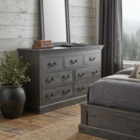 64" Gray Distressed Solid and Reclaimed Wood Seven Drawer Double Dresser