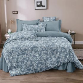 Floral Bedding Set for Girls, White Botanical Flowers Patterned Soft Lightweight Blue Duvet Cover Set