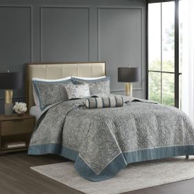 5 Piece Jacquard Bedspread Set with Throw Pillows Teal King