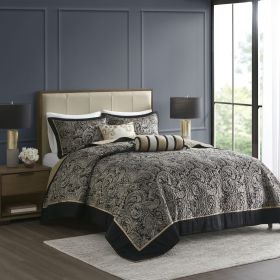 5 Piece Jacquard Bedspread Set with Throw Pillows Black Queen