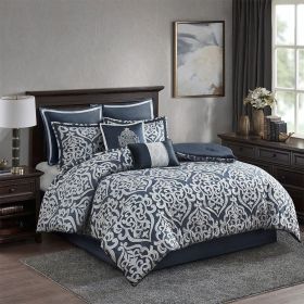 8 Piece Jacquard Comforter Set Navy/Silver King