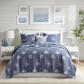 4 Piece Cotton Reversible Embroidered Quilt Set with Throw Pillow Navy Full/Queen
