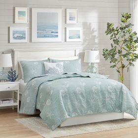 4 Piece Cotton Reversible Embroidered Quilt Set with Throw Pillow Aqua King/Cal King