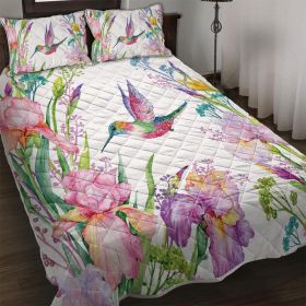 Hummingbird Pattern Quilt Set Microfiber Soft Lightweight Tropical Bird Bedding Set, 1 Quilt with 2 Pillowcases (size: Full)