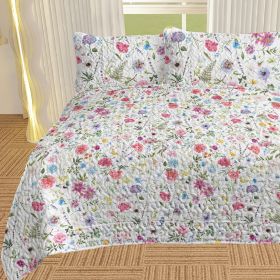 3 pcs Watercolor Wildflower Quilted Bedspread Set, Colorful Botanical Floral Print Quilt Set, Lightweight Reversible Coverlet with Pillow Shams (Color: White, size: Full)